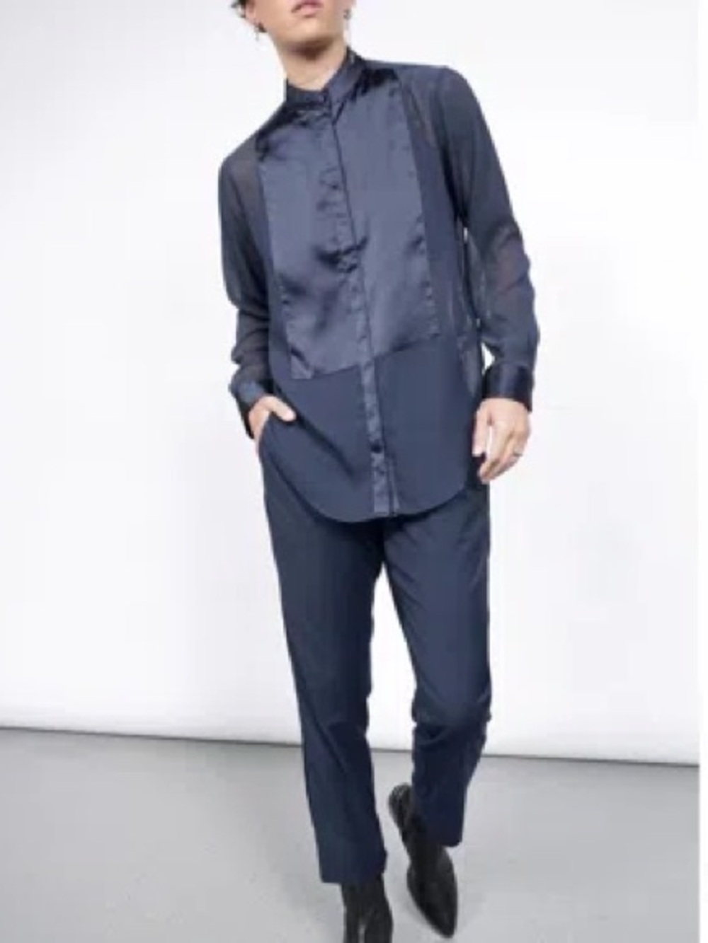 WILDFANG Sheer Tuxedo Blouse The Empower Satin Bib Button Down Navy Blue L